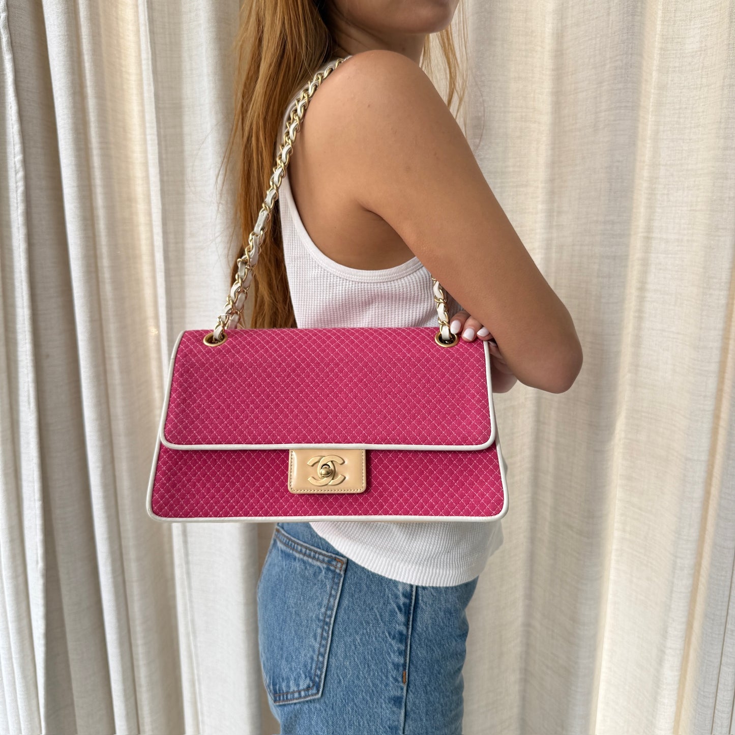 Chanel Pink Jersey & Patent Leather Micro Quilting Double Chain Flap Shoulder Bag