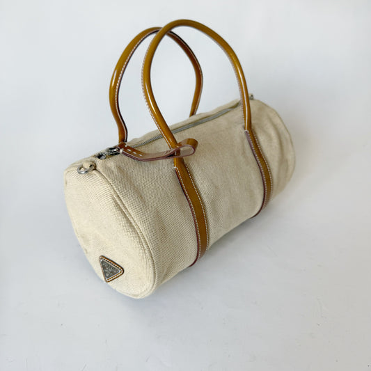 Prada Beige Canvas & Patent Leather Barrel Bag