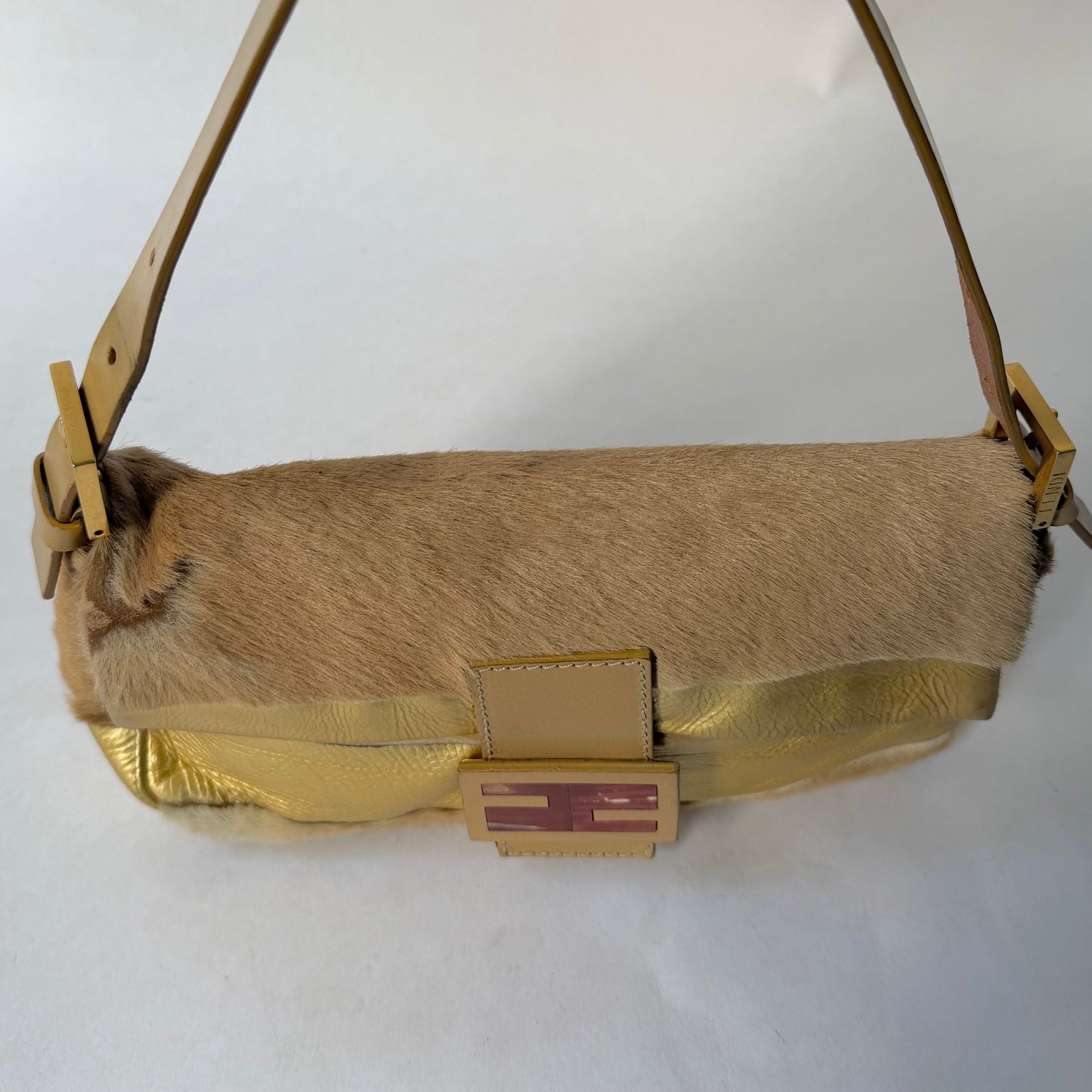 Fendi Brown & Gold Pony Hair Baguette Shoulder Bag