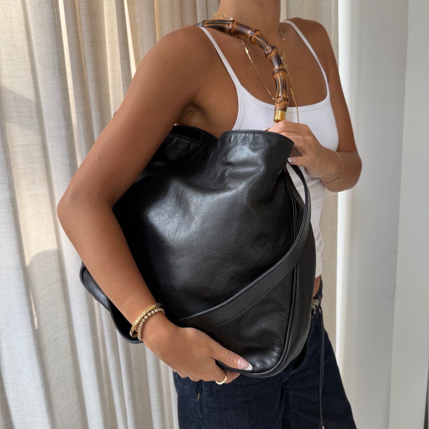 Gucci Black Lambskin Bamboo Handle Shoulder Bag