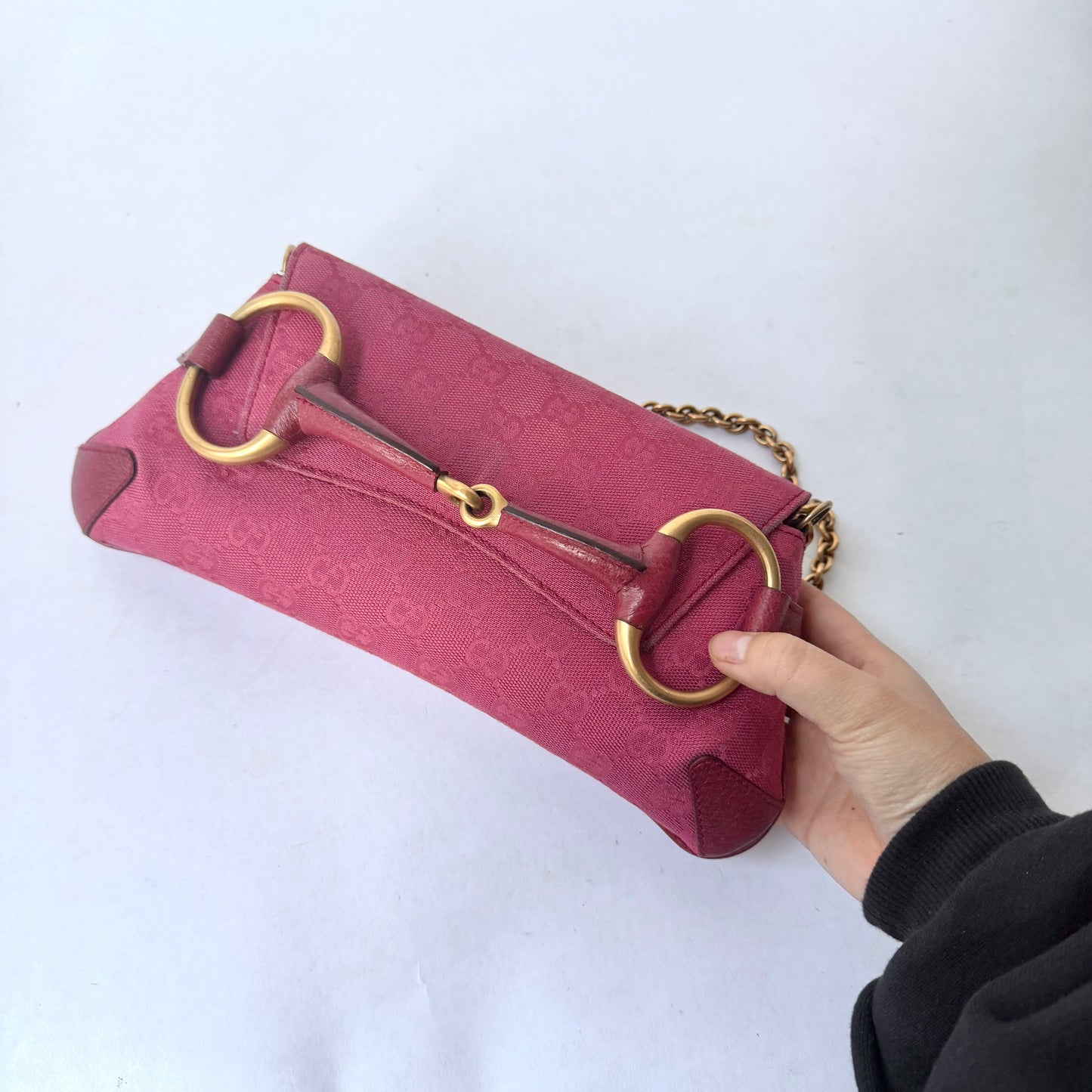 Gucci 2004 Fuchsia Canvas Monogram Tom Ford Horsebit Chain Clutch