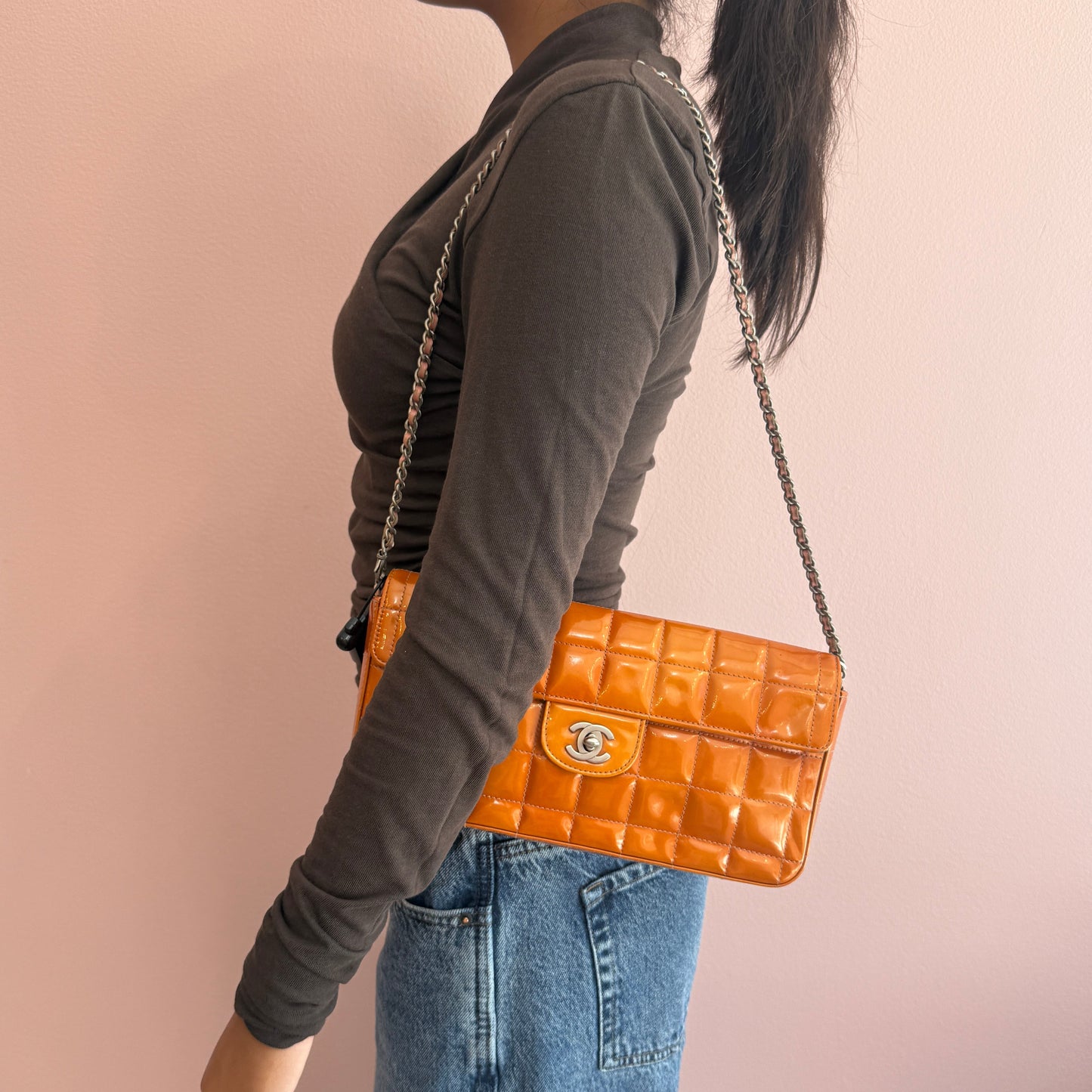 Chanel Orange Patent Leather Chocolate Bar Quilted E/W Flap