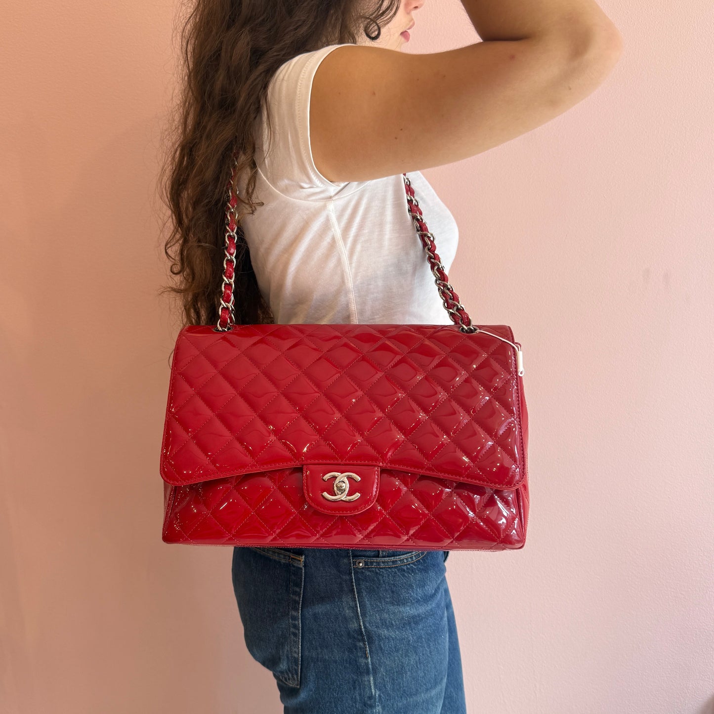 Chanel Red Patent Leather Maxi Flap Bag