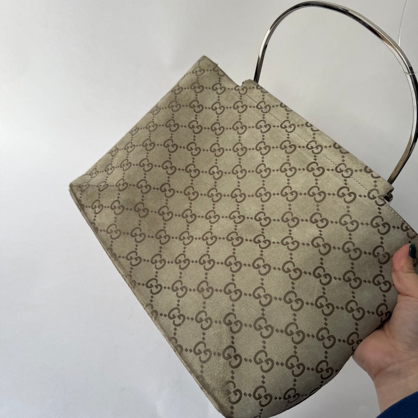 Gucci Beige Suede Monogram SIlver Top Handle Bag