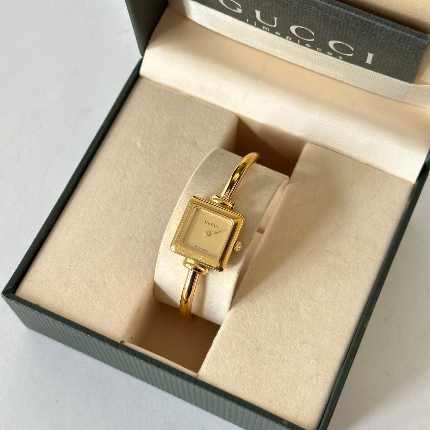 Gucci 18k GP Gold Square Dial Bangle Watch
