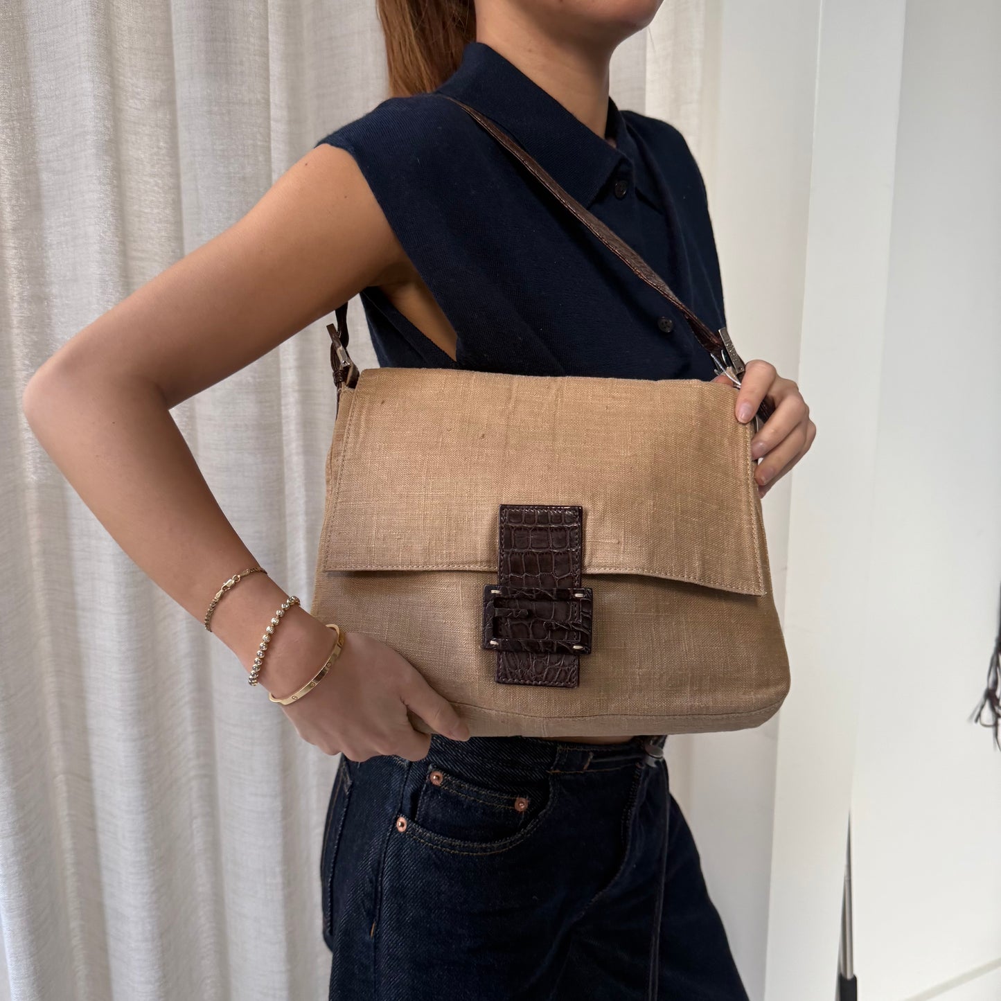 Fendi Brown Crocodile Leather Rafia Linen Mamma Baguette