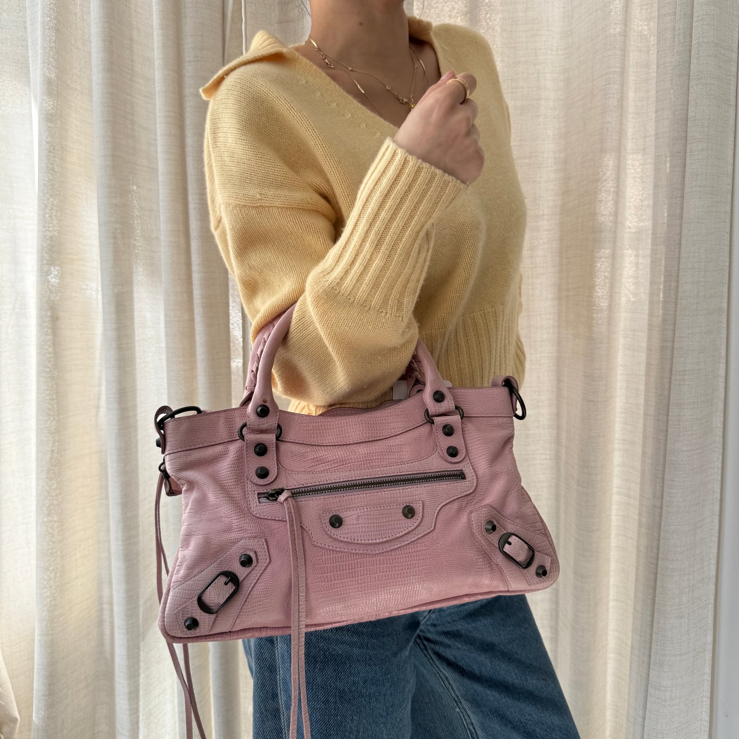 RARE Balenciaga Pink Leather Lizard Embossed First City Bag