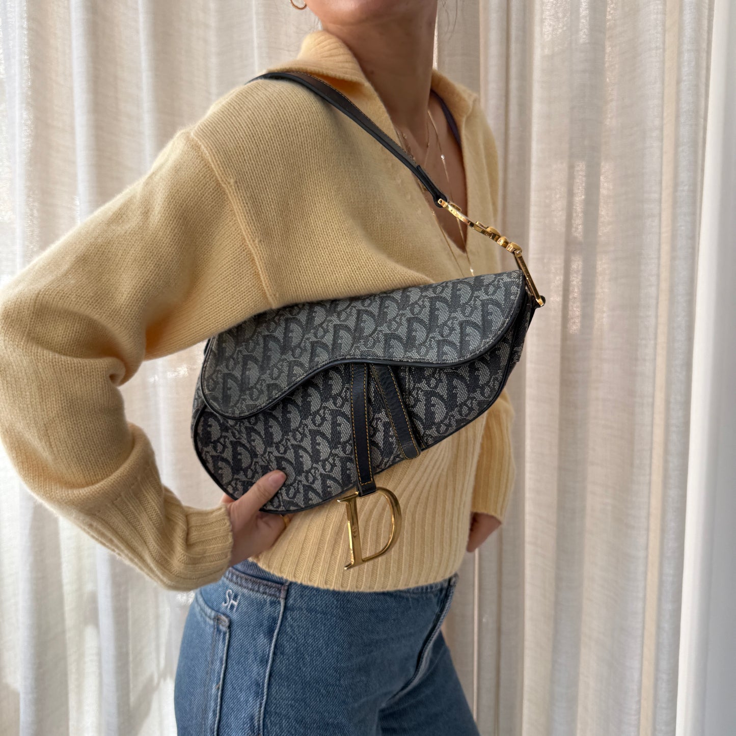Christian Dior Navy Trotter Monogram Classic Saddle Bag GHW