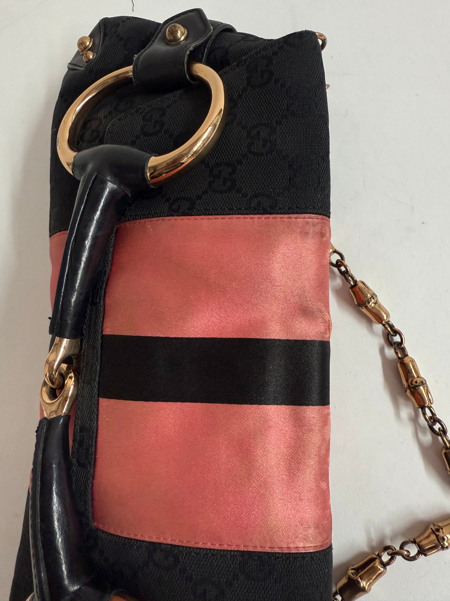 Gucci Pink Web Striped Large Horsebit Clutch