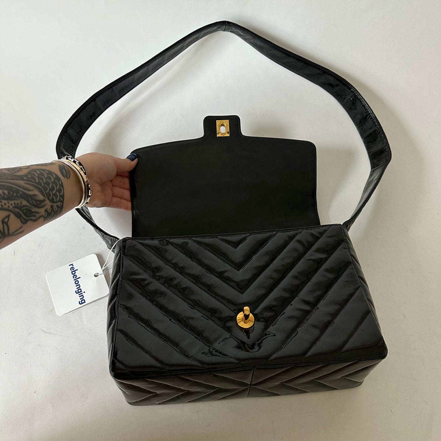 Chanel Black Patent Leather Chevron Shoulder Bag