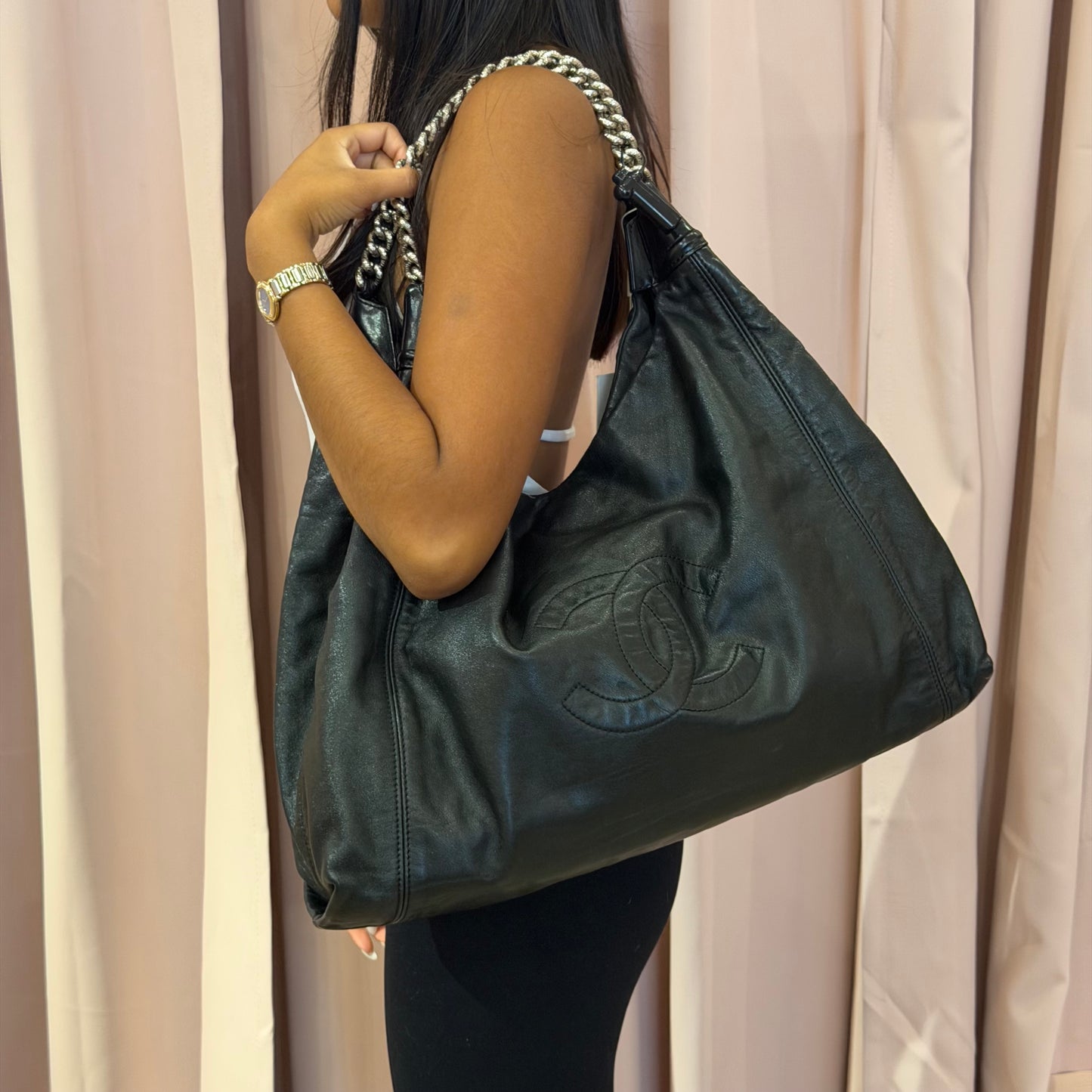 Chanel 2008 Black Lambskin Leather CC Rodeo Drive Tote