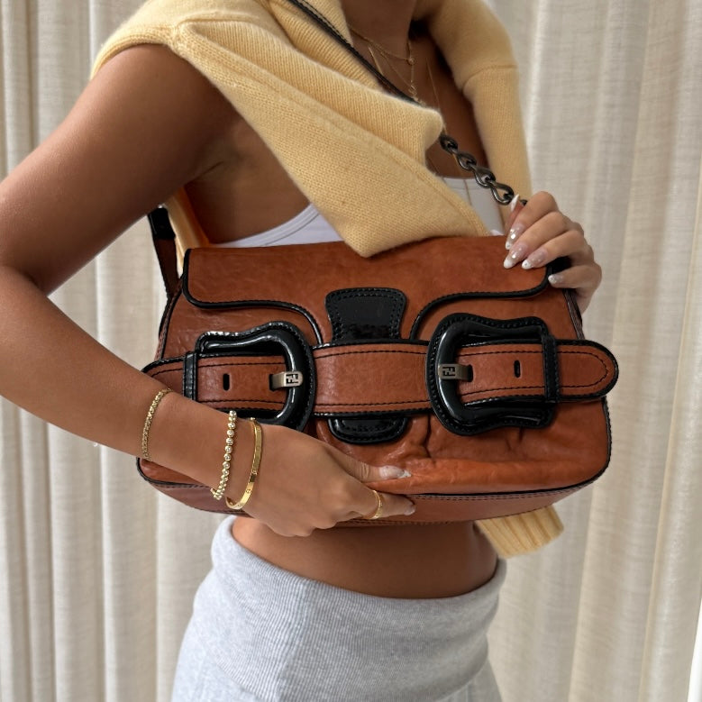 Fendi Brown Pebbled Leather Double Buckle Shoulder Bag