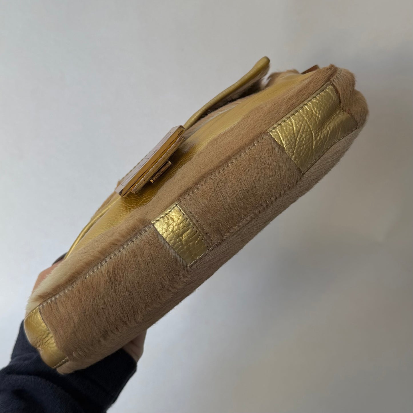 Fendi Brown & Gold Pony Hair Baguette Shoulder Bag
