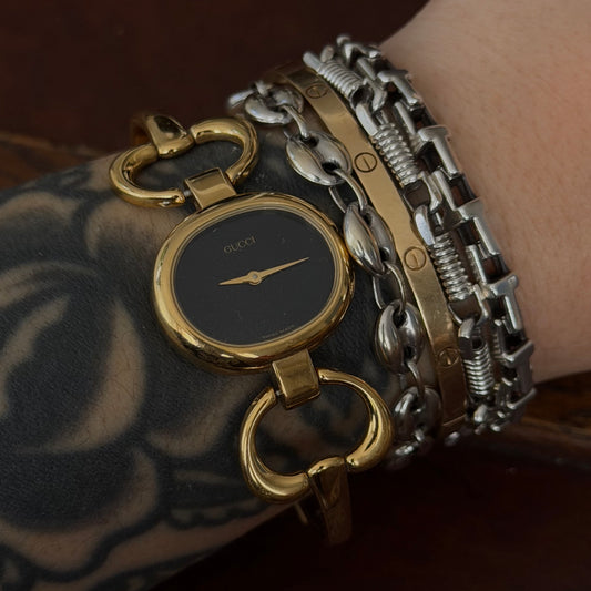 Gucci Gold Black Dial Horsebit Bangle Watch