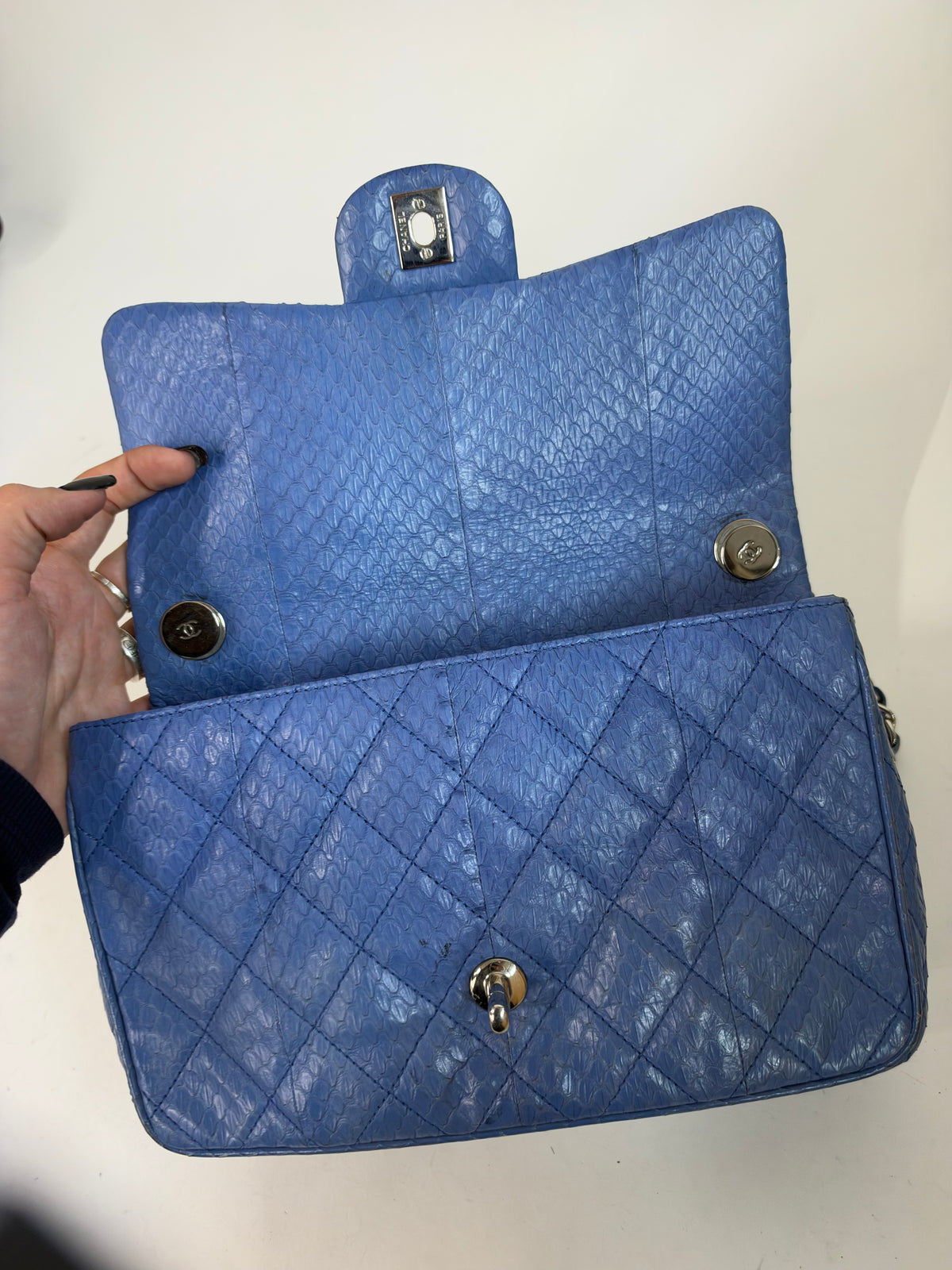 Chanel Blue Python Top Handle Flap Bag w/ Crossbody Strap
