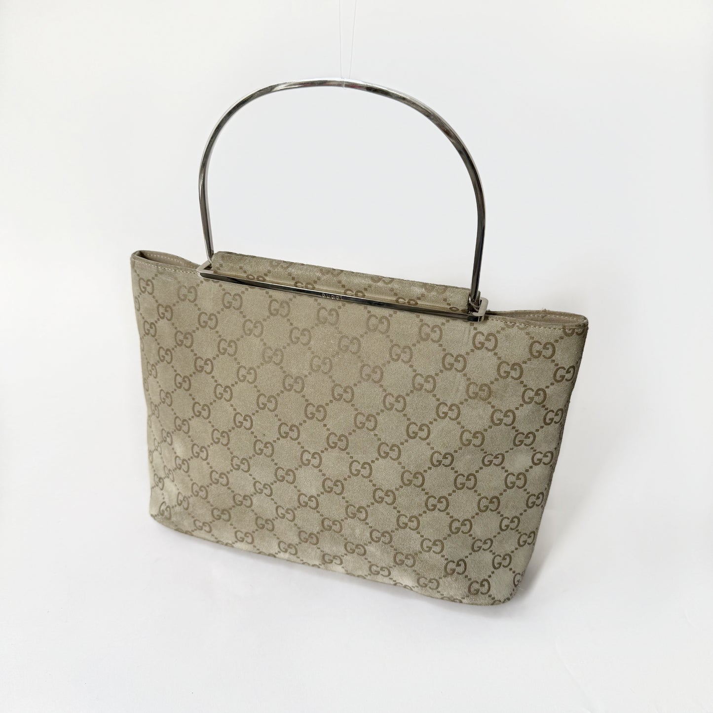Gucci Beige Suede Monogram SIlver Top Handle Bag