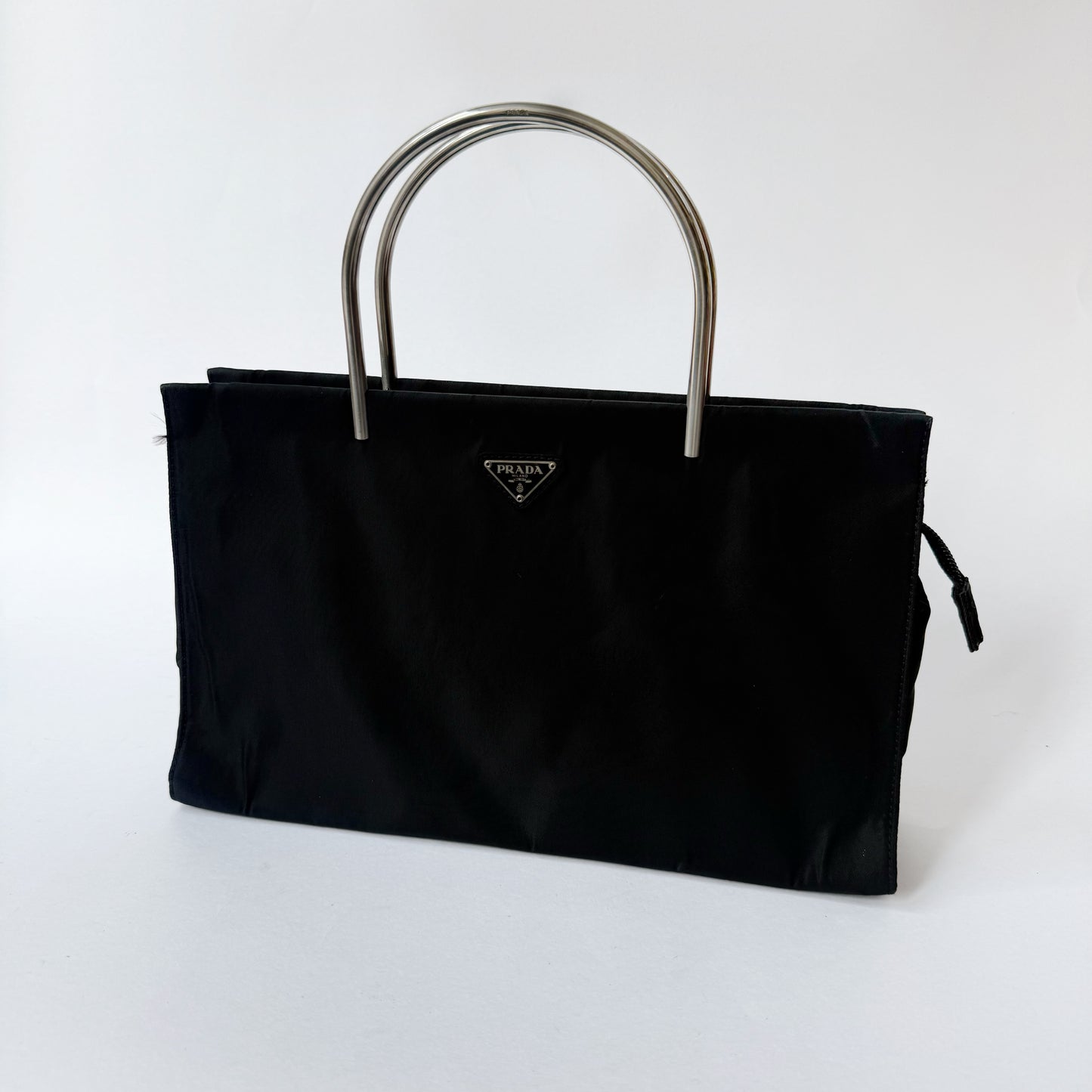 Prada Black Nylon Metal Handle E/W Tote Bag