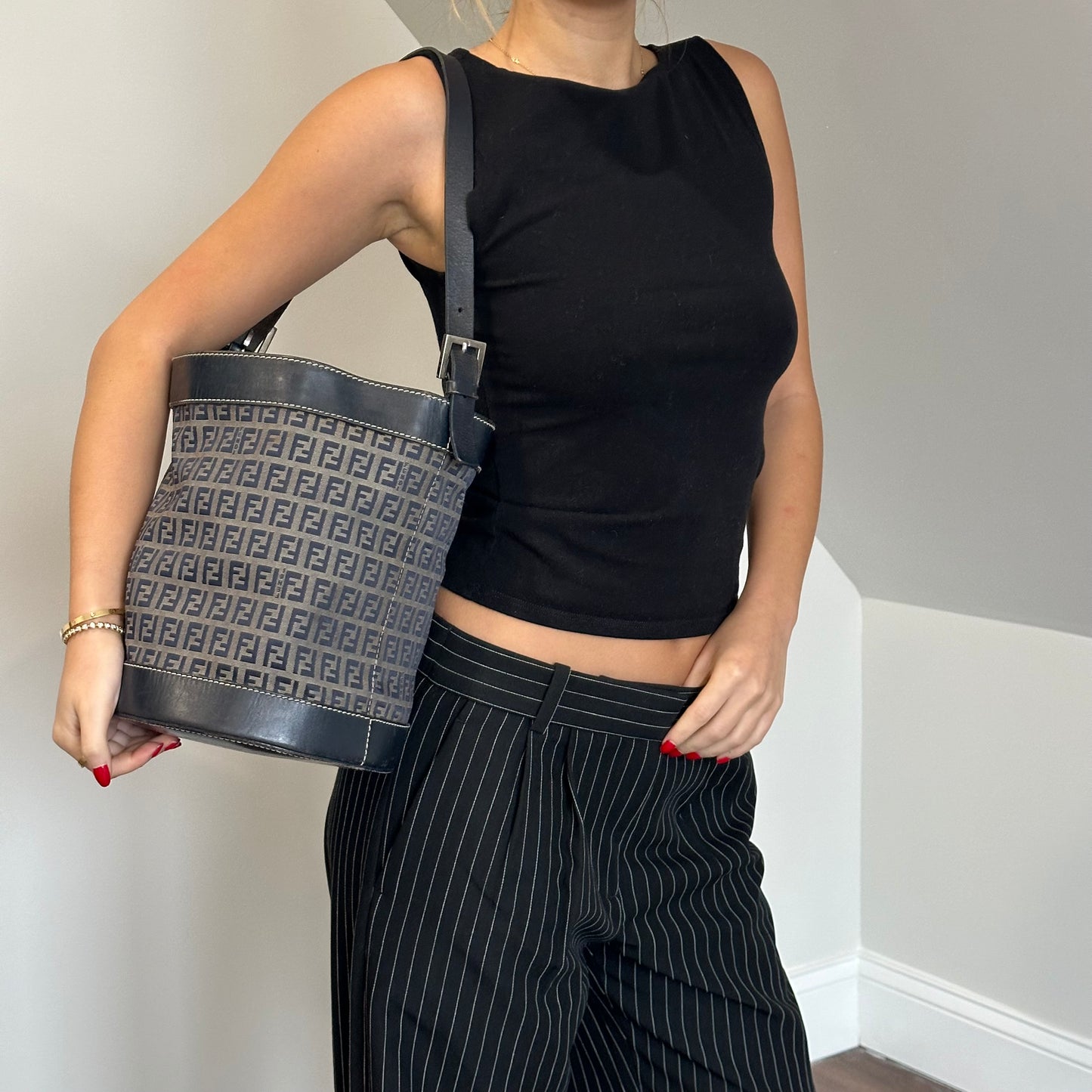 Fendi Navy Zucchino Drawstring Bucket Bag