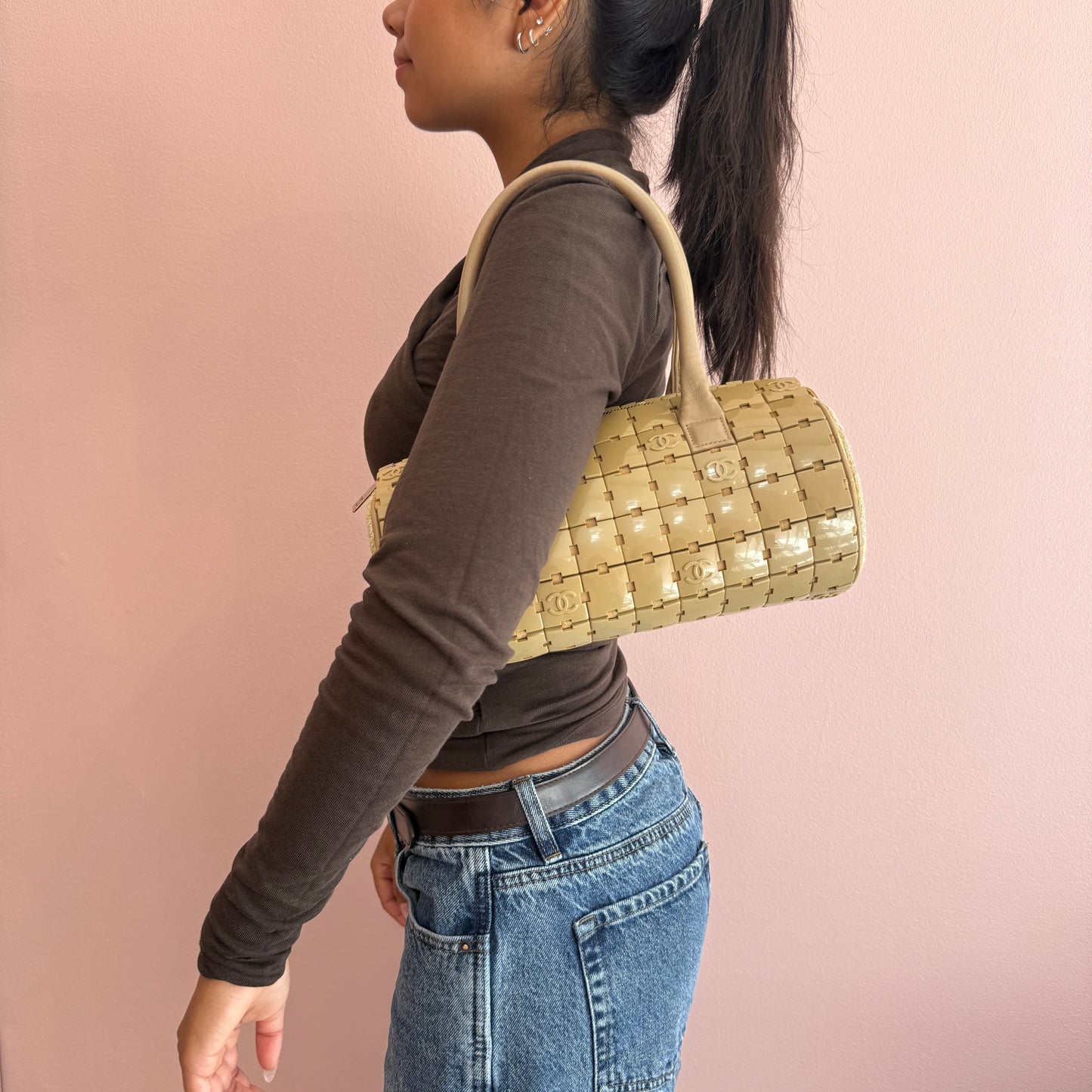 RARE Chanel Beige Puzzle Tile Cylinder Barrel Bag