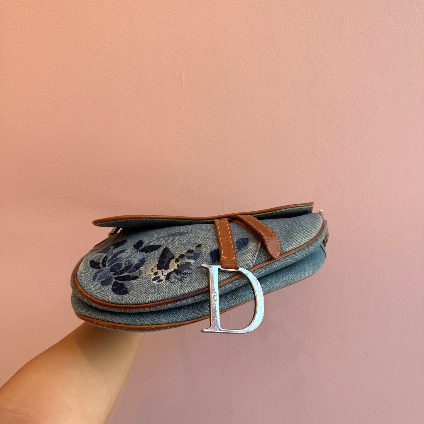 RARE Christian Dior Denim Embroidered Saddle Bag