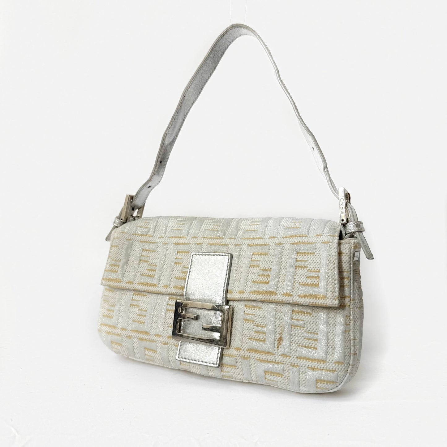 Fendi Cream Metallic Zucca Canvas Baguette Shoulder Bag