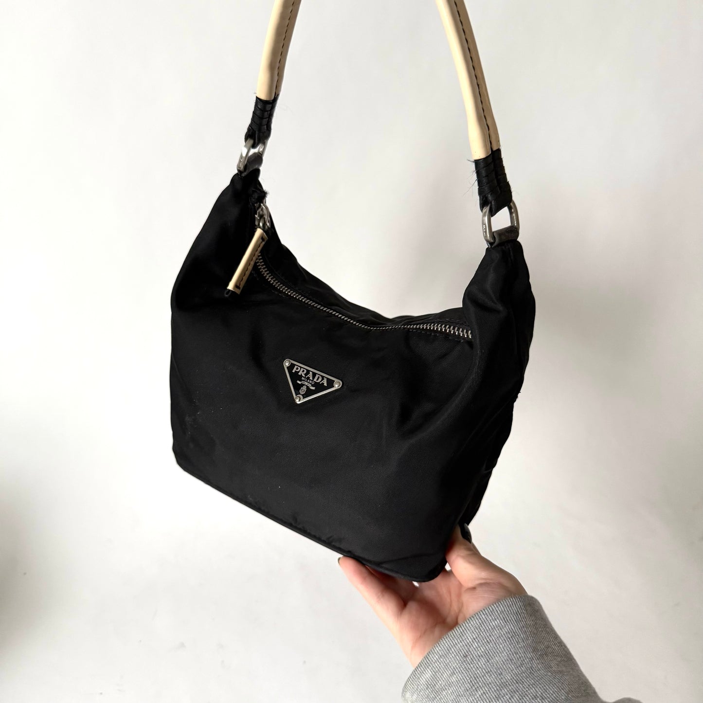 Prada Black Nylon Shoulder Bag w/ White Strap