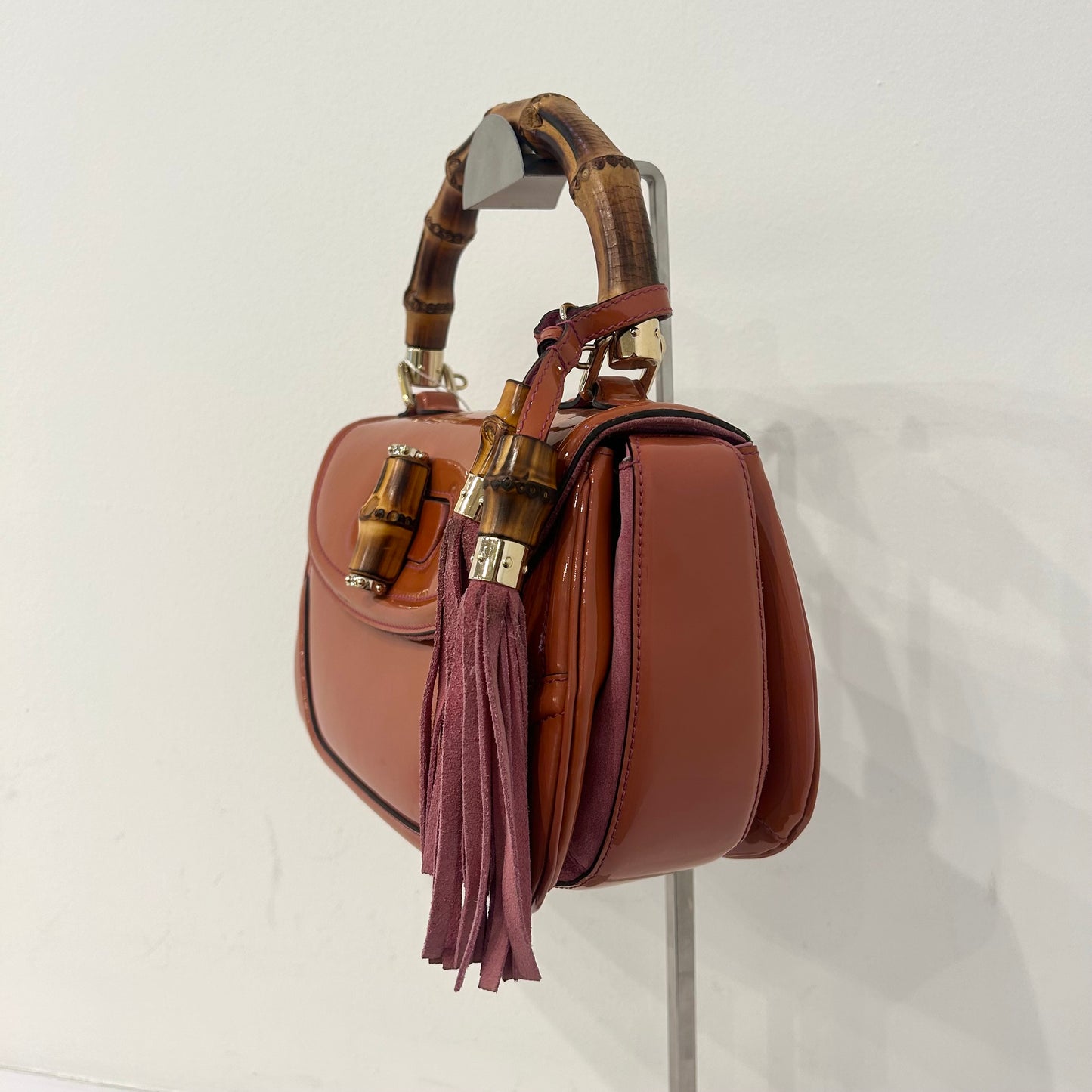 Gucci Patent Leather Bamboo Top Handle Tassel Bag