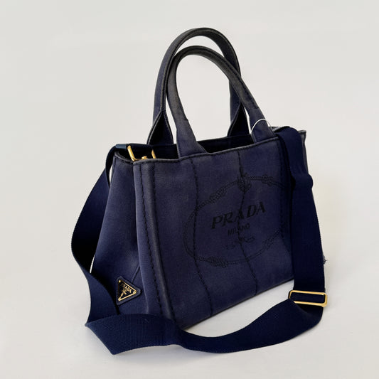 Prada Dark Blue Small Canapa Tote w/ Strap