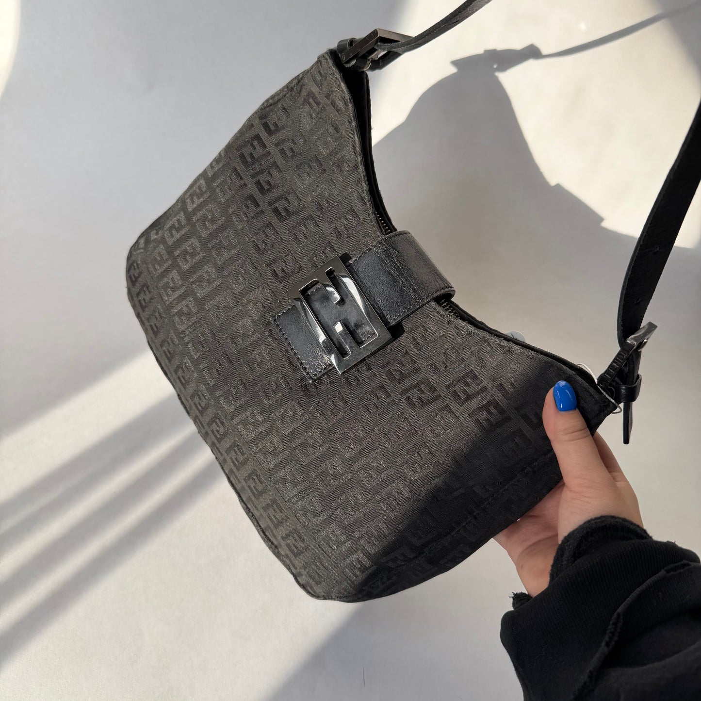 Fendi Black Zucchino Canvas Moon Hobo Bag