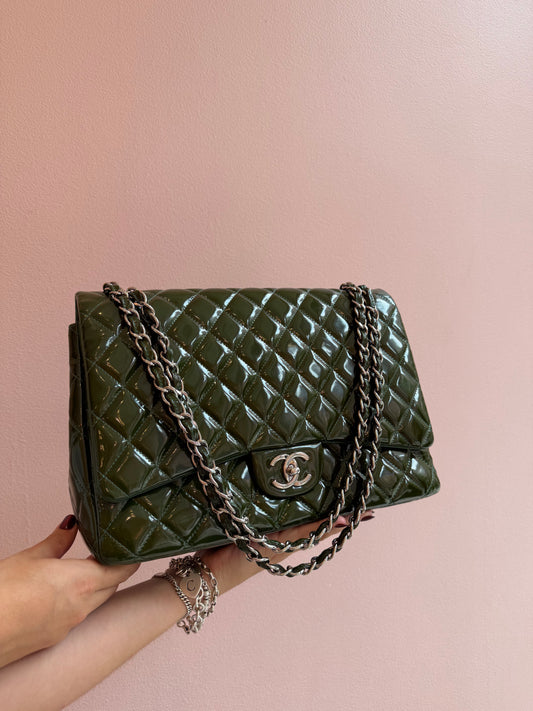 Chanel Green Patent Leather Maxi Classic Double Flap Bag