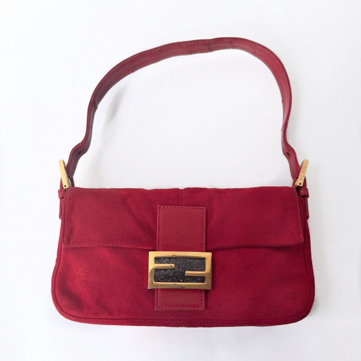 Fendi Red Suede & Leather Baguette Shoulder Bag