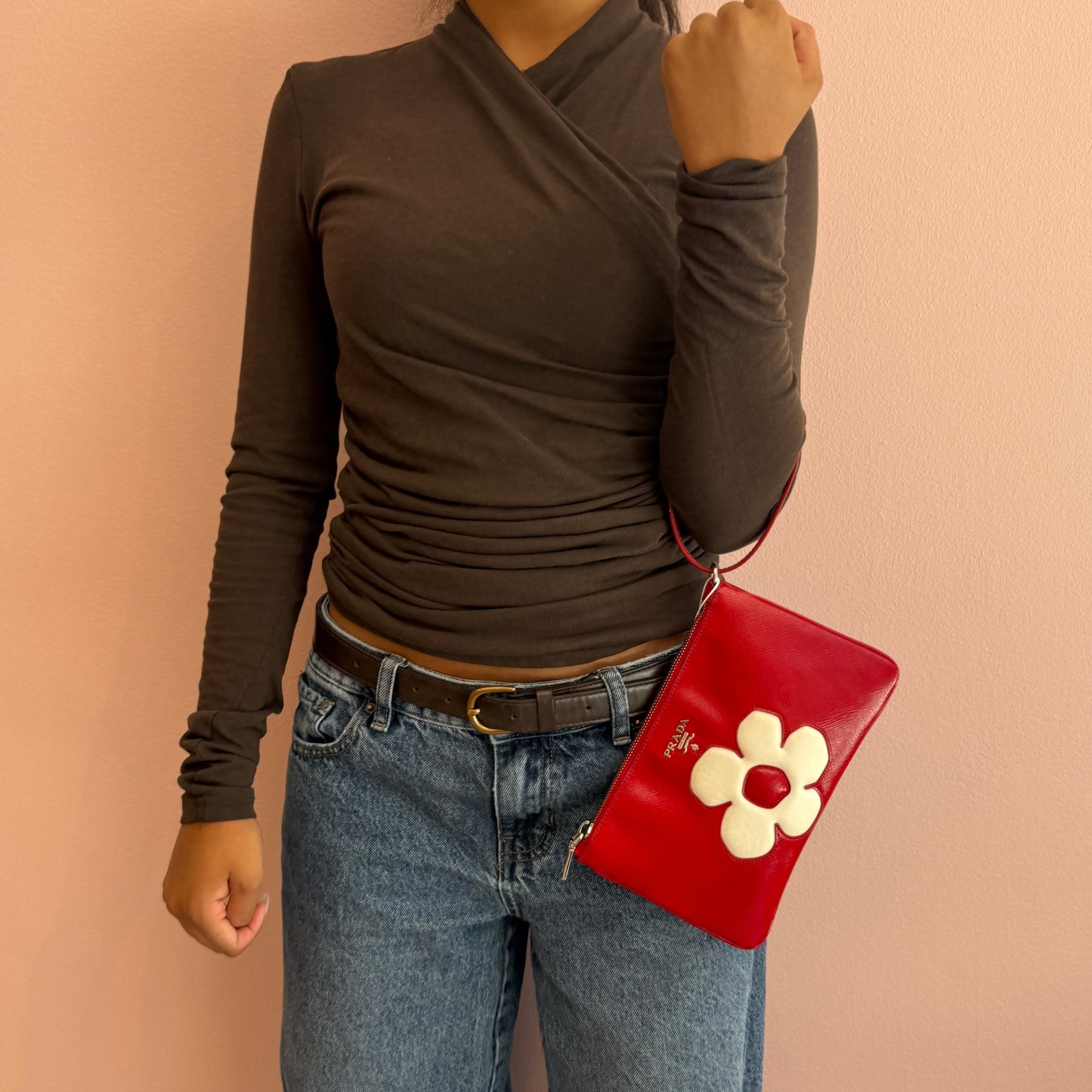 Prada Red Leather Flower Wristlet