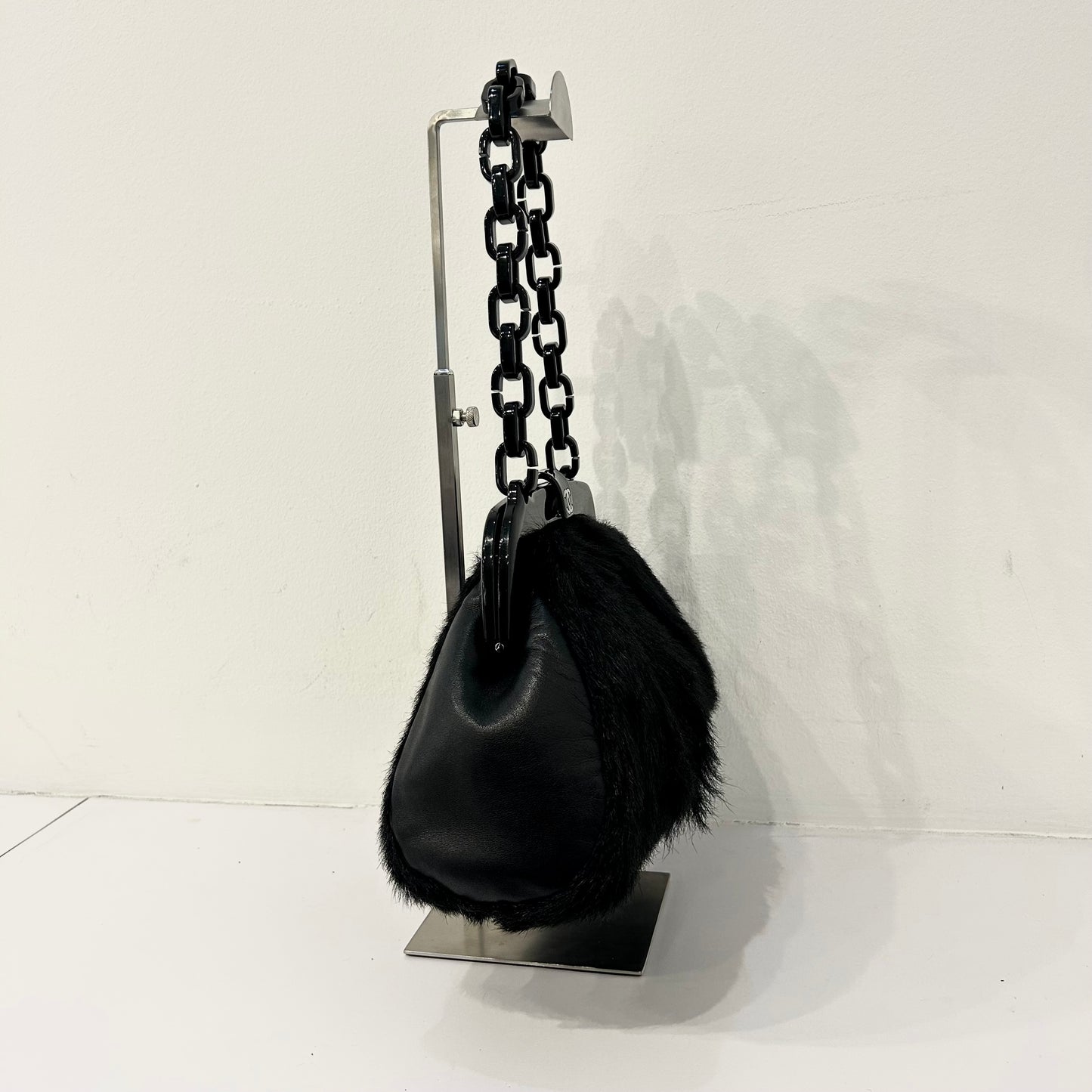 Chanel Black Fur Frame Shoulder Bag w/ Plastic Strap