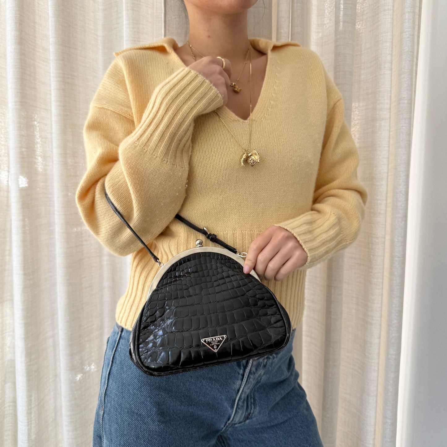 RARE Prada Black Alligator Shine Leather Small Evening Bag w/ Mirror