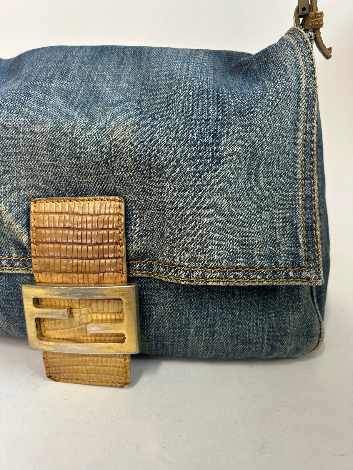 Fendi Denim Mama Baguette w/ Lizard Trim