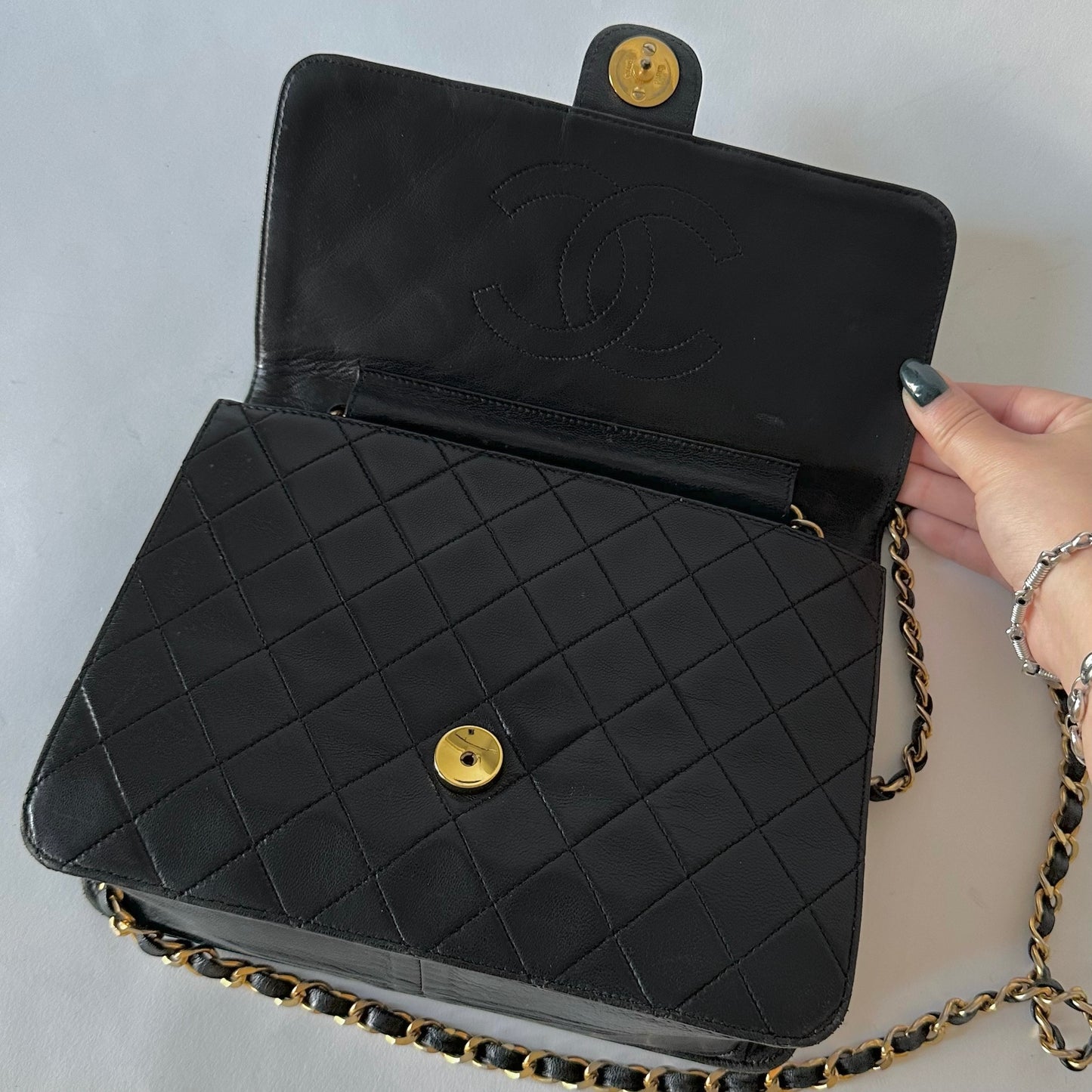 Chanel Black 80’s Quilted 18k GP Hardware Square Flap