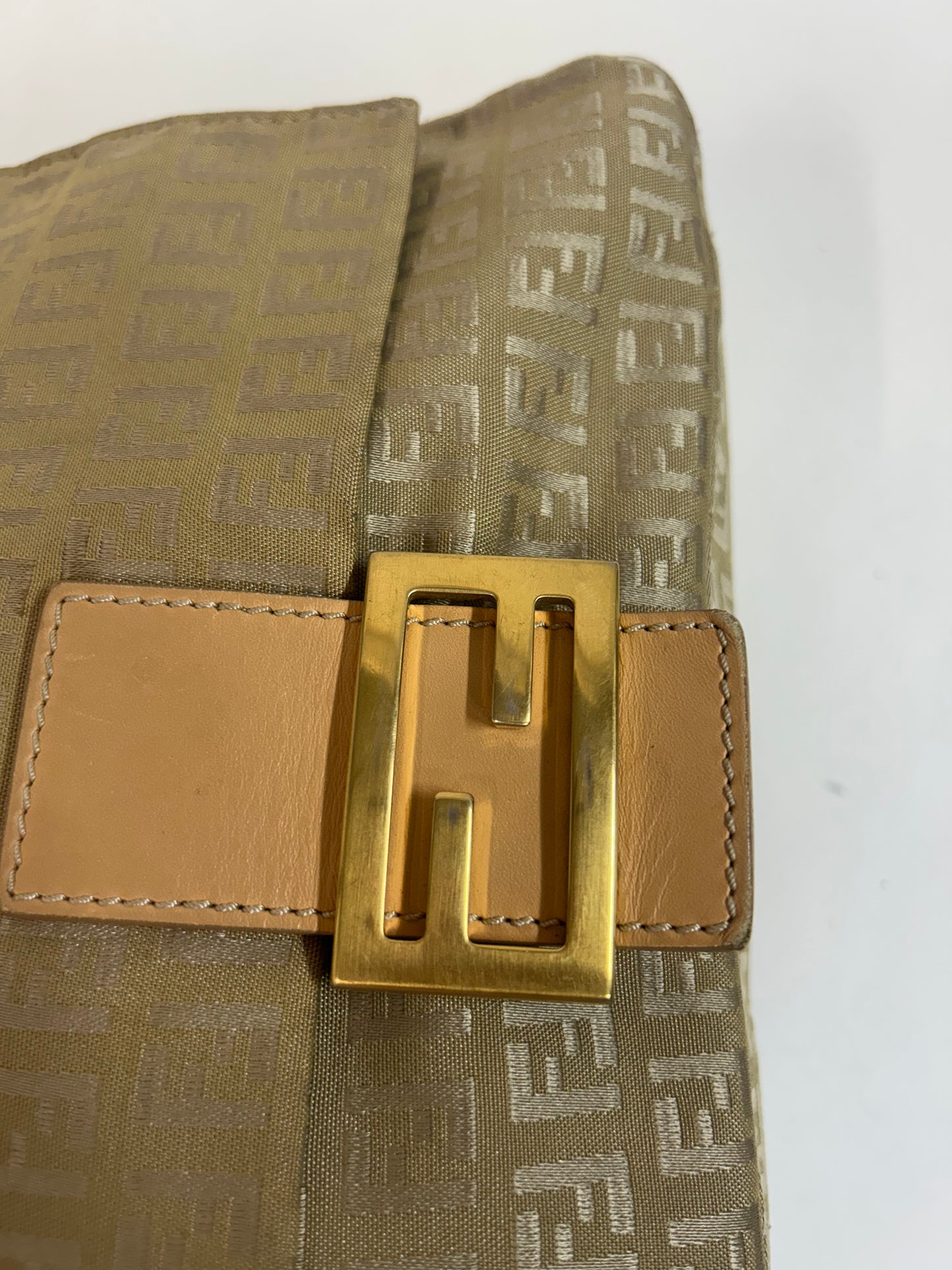 Fendi Beige Canvas Zucchino Monogram Mamma Baguette Shoulder Bag