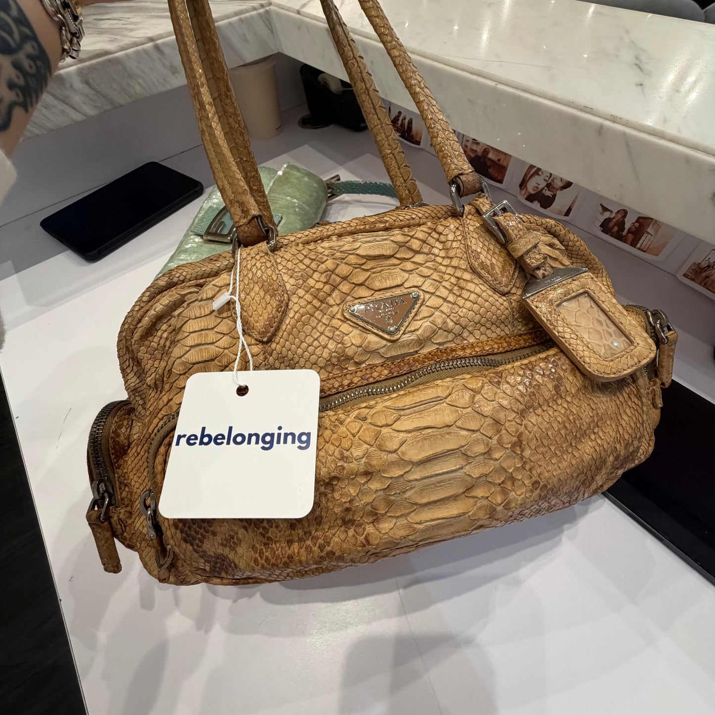 Prada Brown Python Leather Top Handle Shoulder Bag
