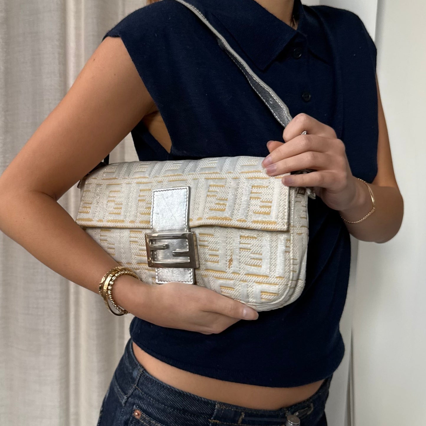 Fendi Cream Metallic Zucca Canvas Baguette Shoulder Bag