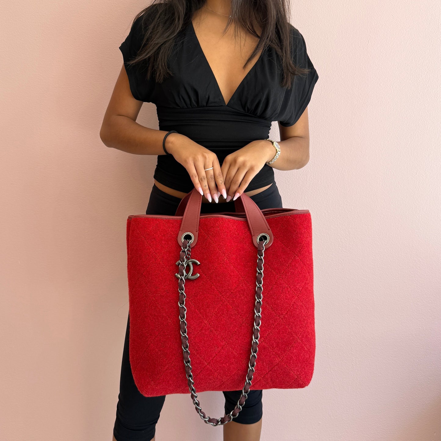 Chanel Red Wool 2-Way Shoulder Tote Bag