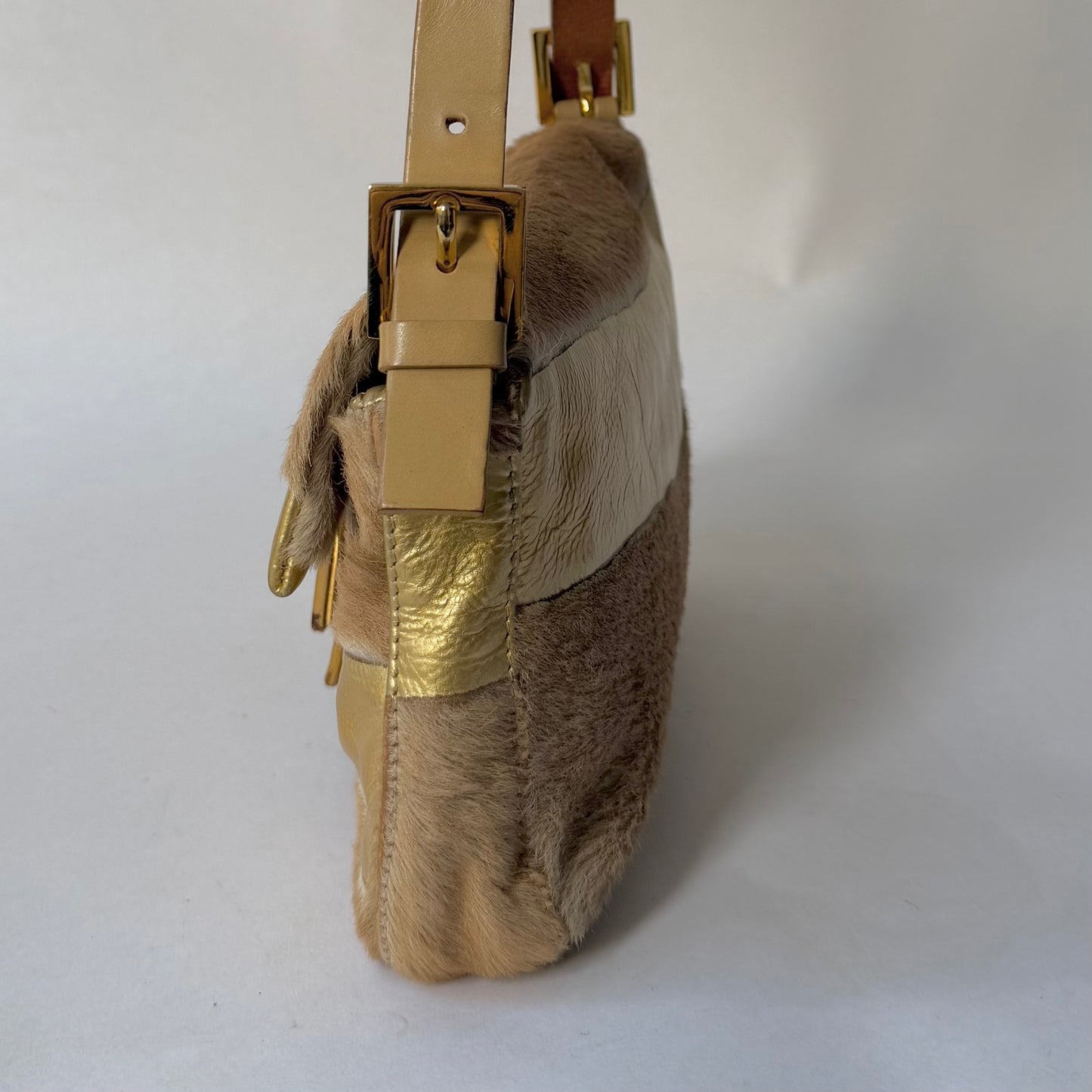 Fendi Brown & Gold Pony Hair Baguette Shoulder Bag