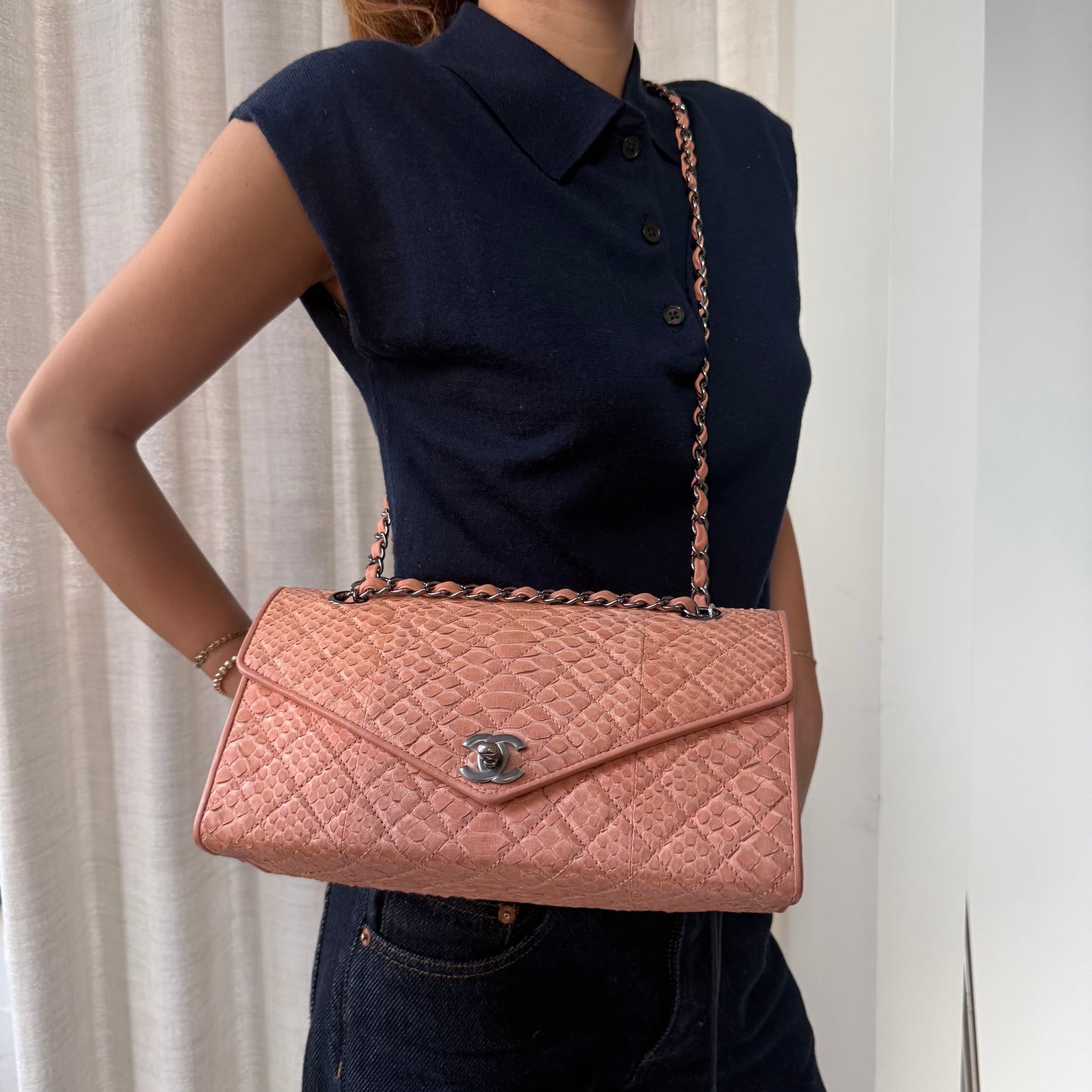 Chanel Python Peach Envelope Flap Chain Strap Shoulder Bag