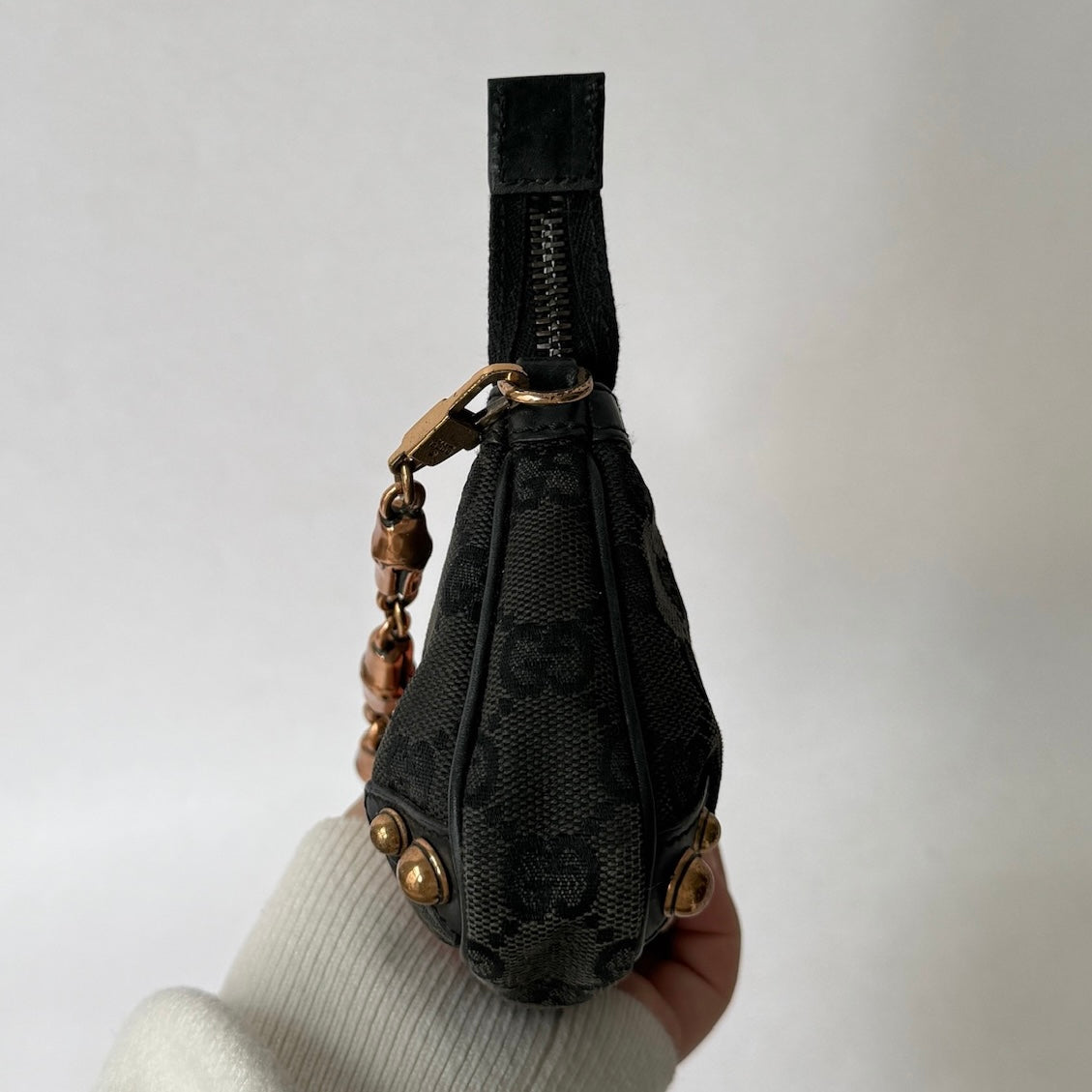 Gucci Black Canvas Monogram Web Bamboo Handle Pochette