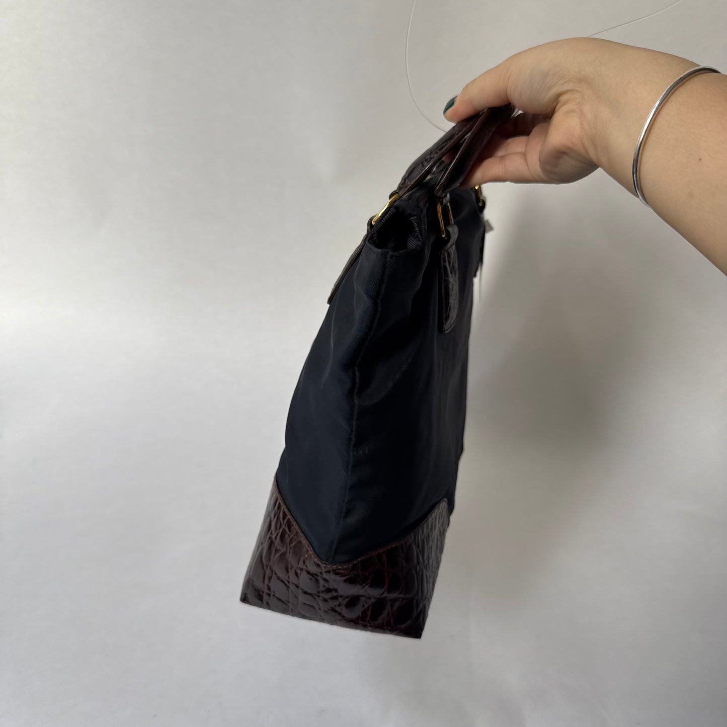 Prada Navy & Brown Nylon & Crocodile Top Handle Bag