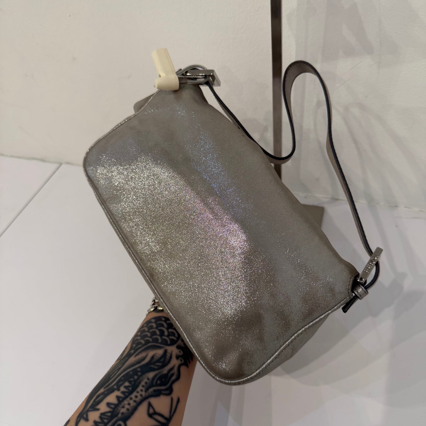 Fendi Silver Metallic Textured Leather Baguette