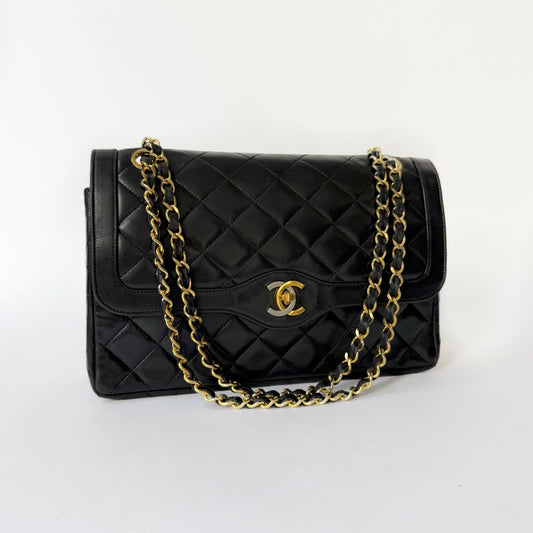 Chanel 1986 Black Lambskin Two-Tone Vintage Double Flap Bag