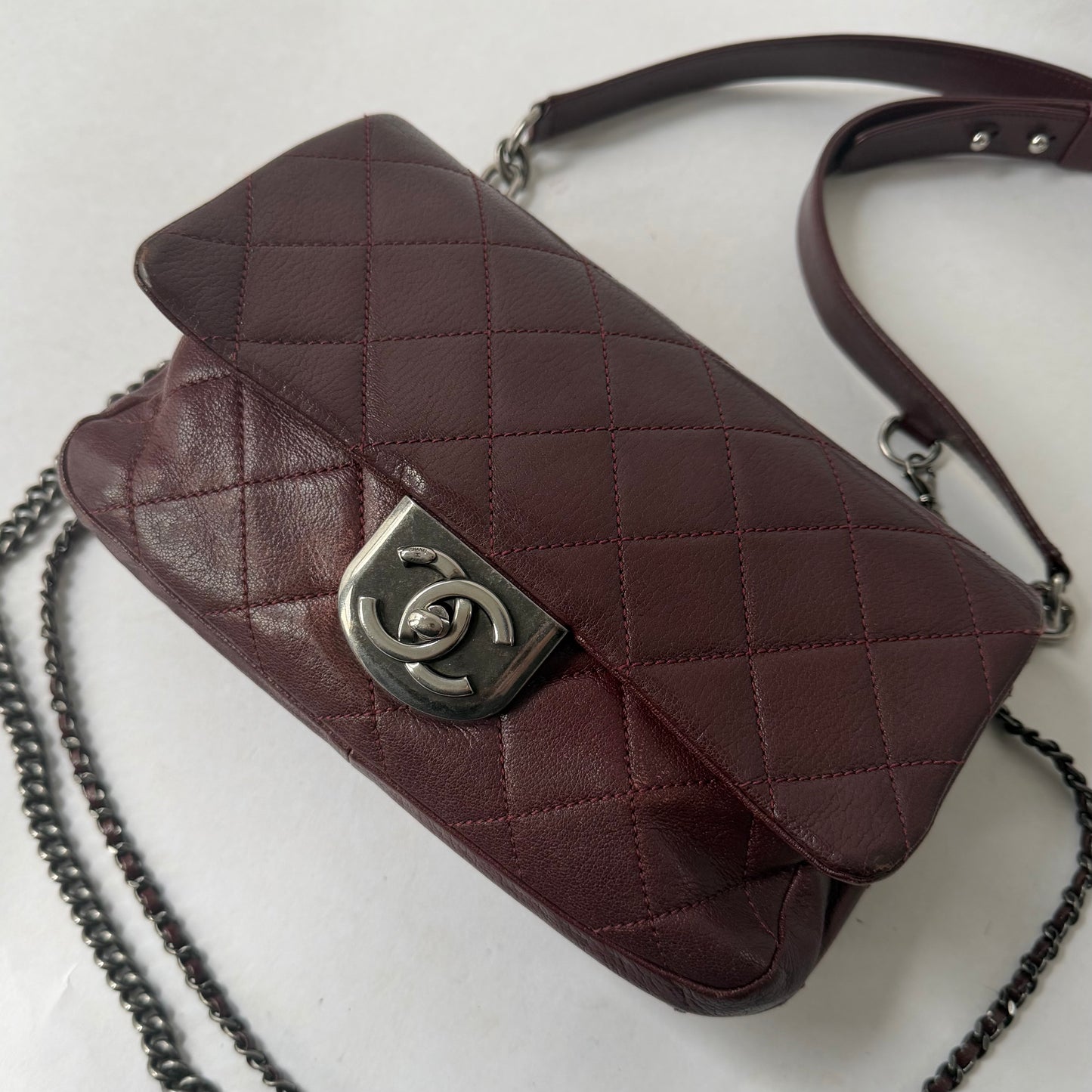 RARE Chanel Burgundy Leather Double Carry Waist Chain Flap