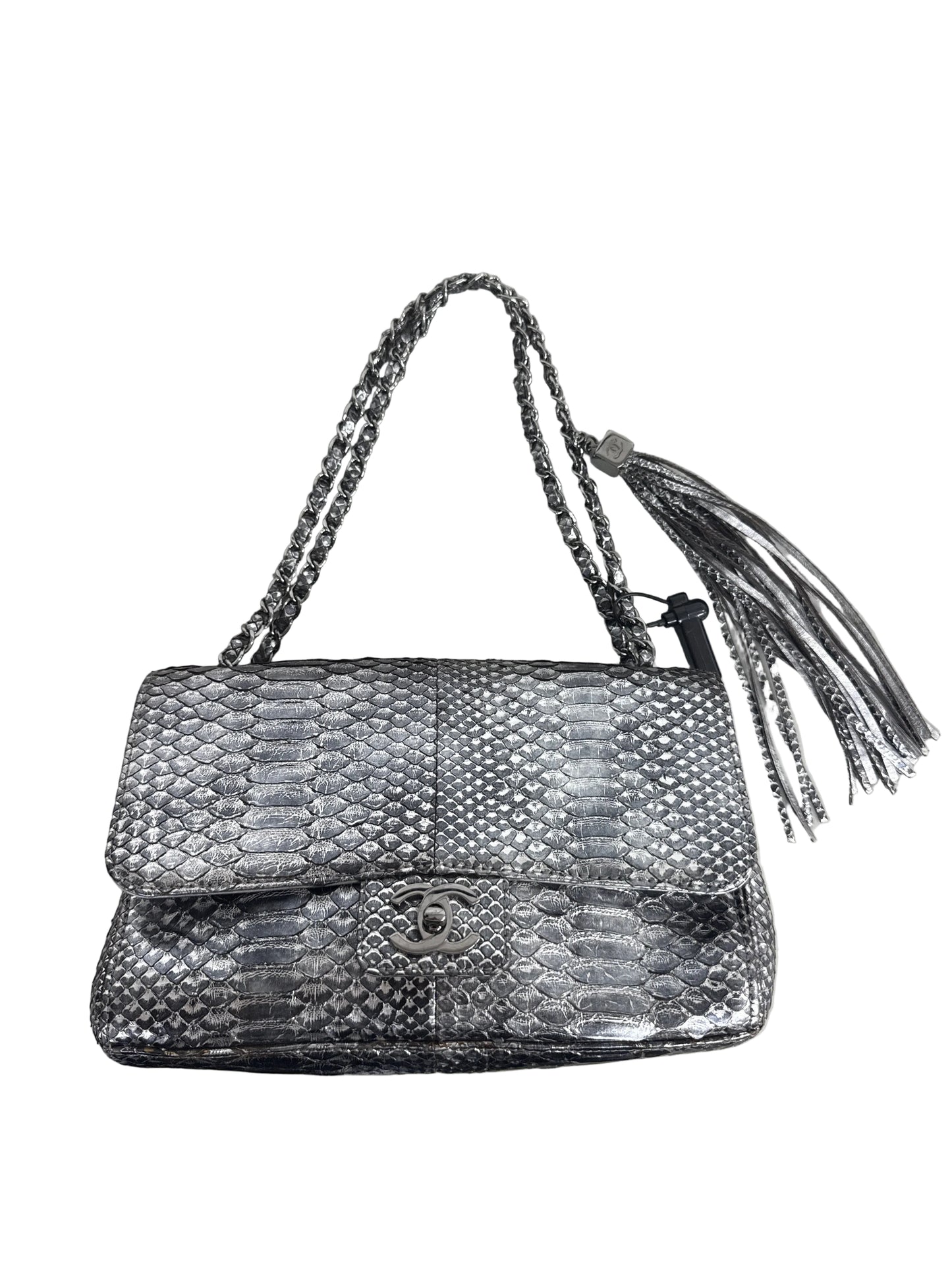 Chanel 2007 Silver Python Soho Tassel Flap Bag