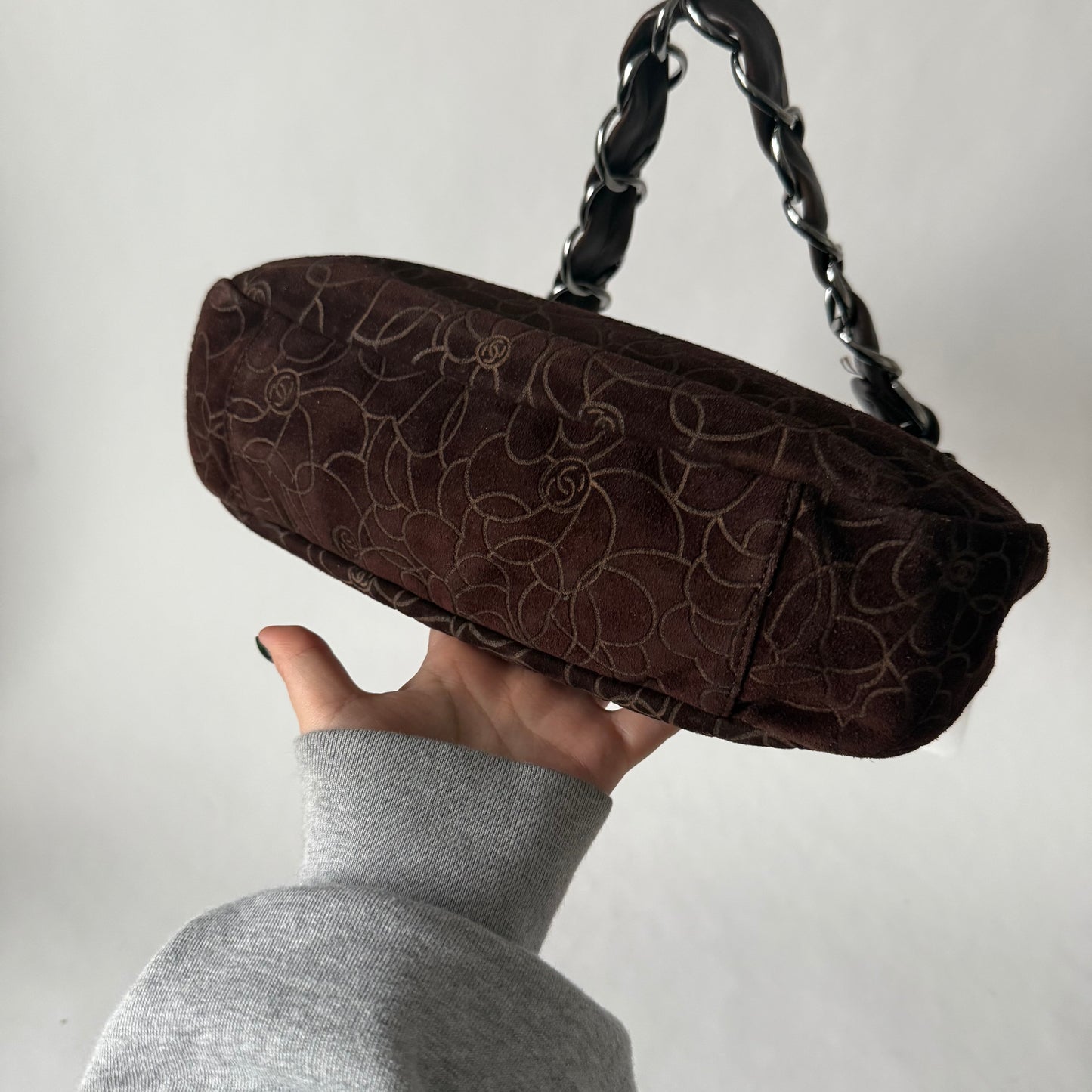 Chanel Brown Suede Cocomark Camellia Floral Bag