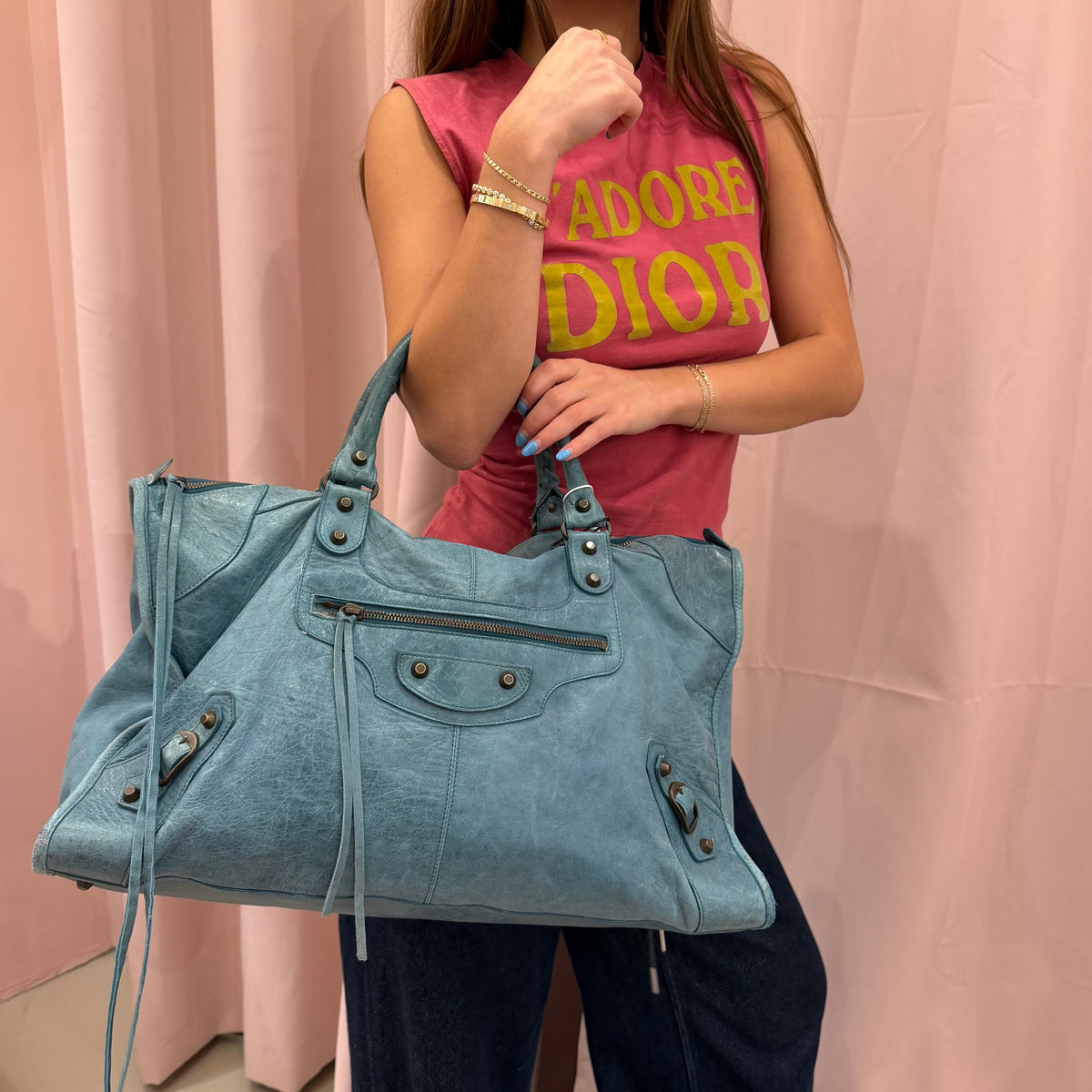 Balenciaga Teal Leather "Work" City Bag Brass HW